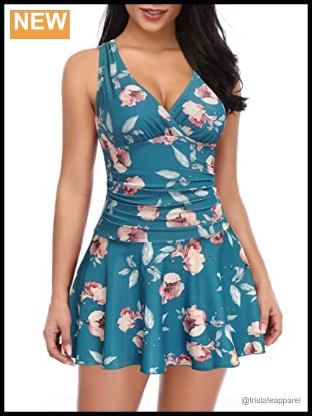 V Neck One Piece Swimdress with Shorts Crisscross Back